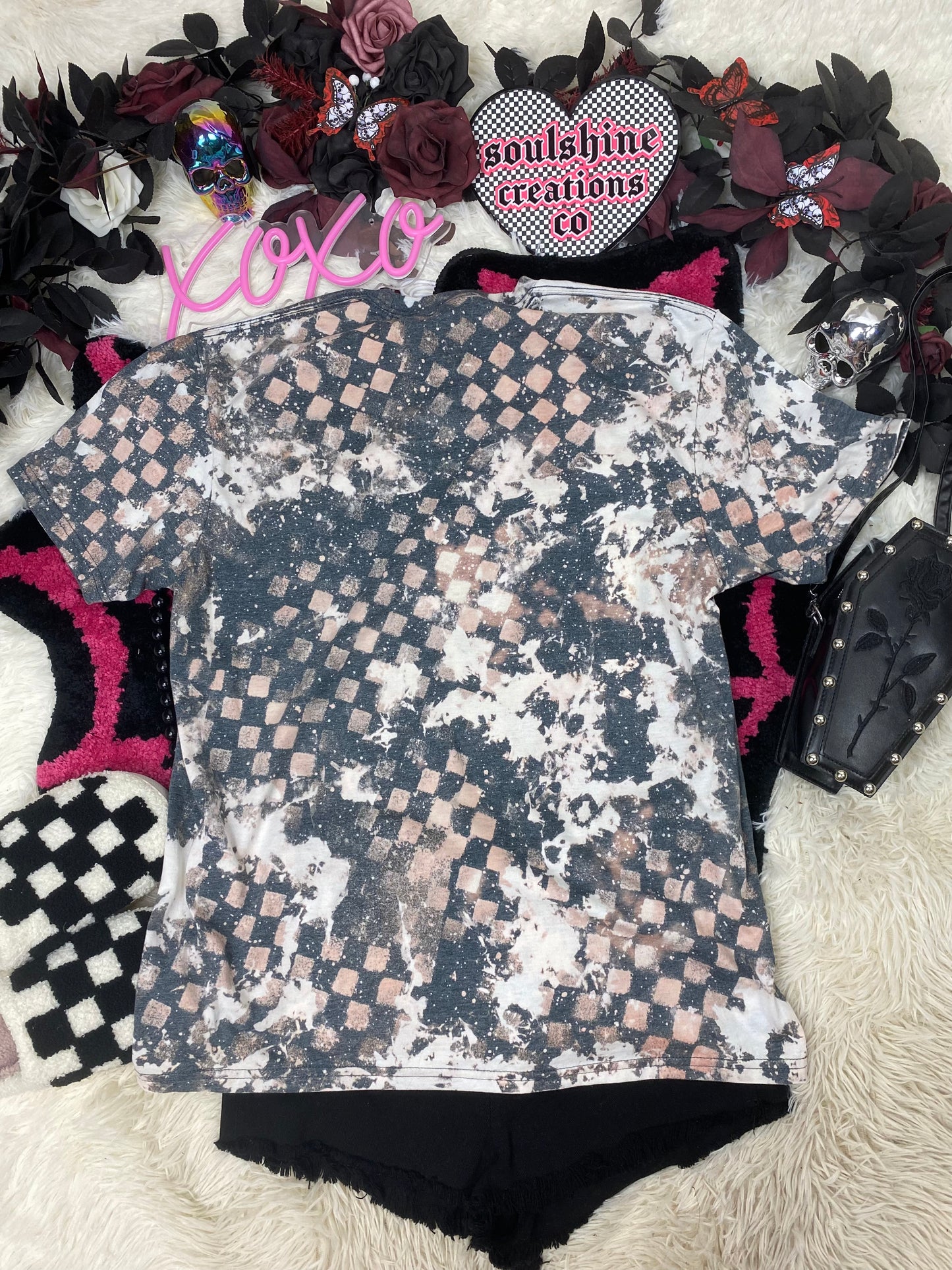 Retro 90’s Ghost Checkered Acid Wash Grunge Bleached Tee Shirt
