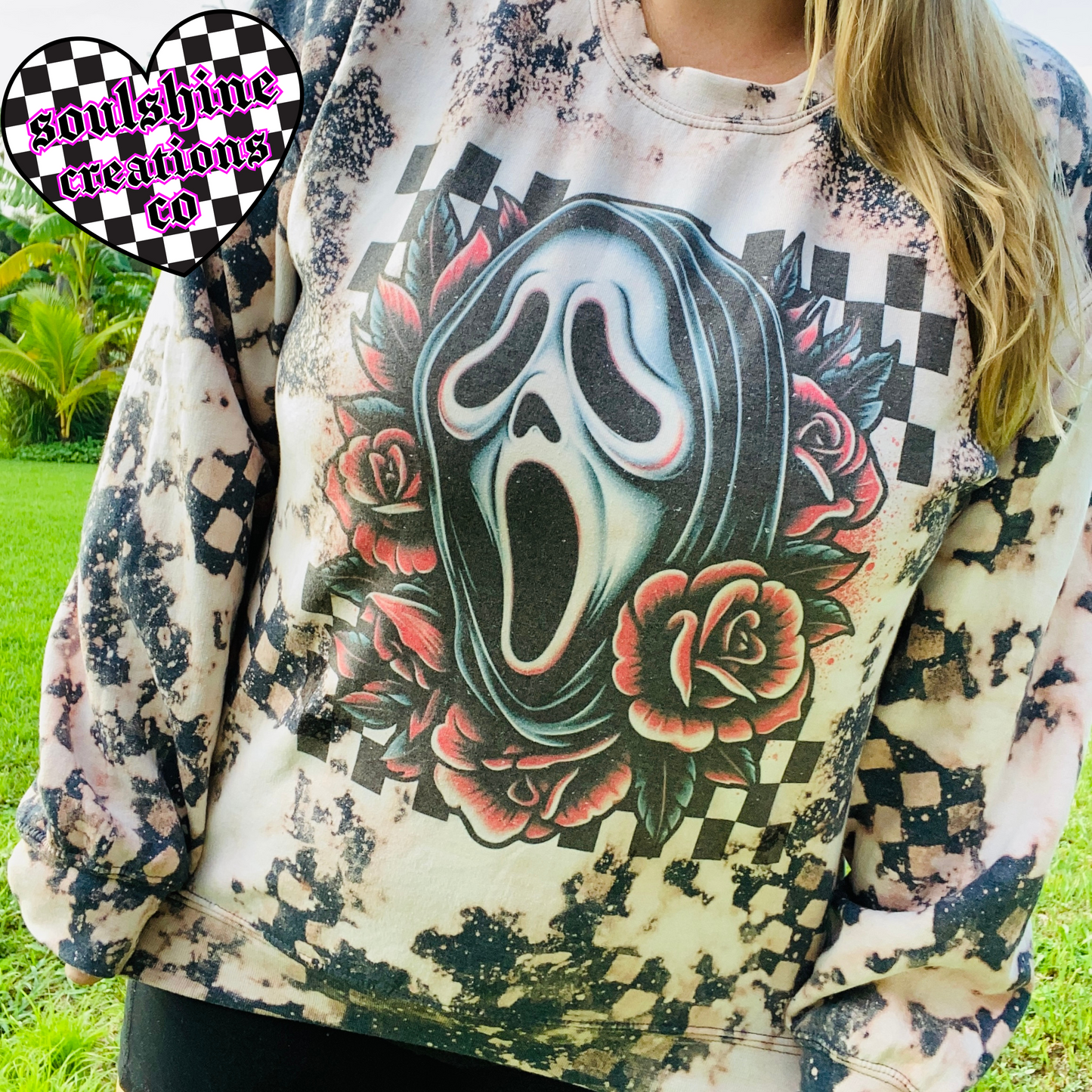 Retro 90’s Ghost Checkered Acid Wash Grunge Bleached Sweatshirt