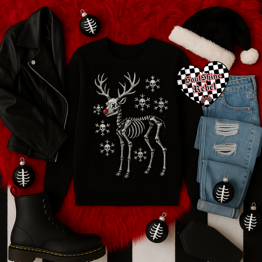 Skelton Reindeer Black Tee or Sweater Snarky Gothic Christmas