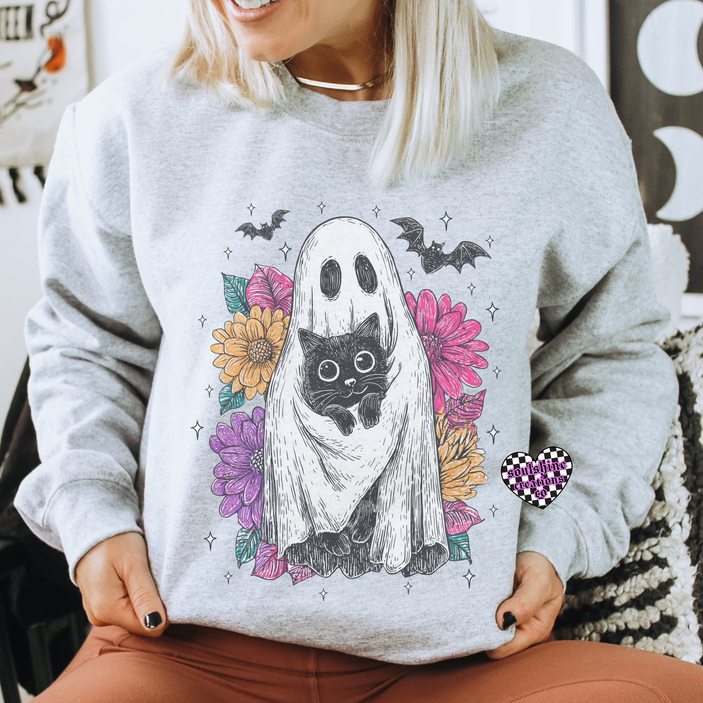 Vintage Ghostie Black Cat Tee Shirt or Sweater- Vibes-Halloween- Ghost