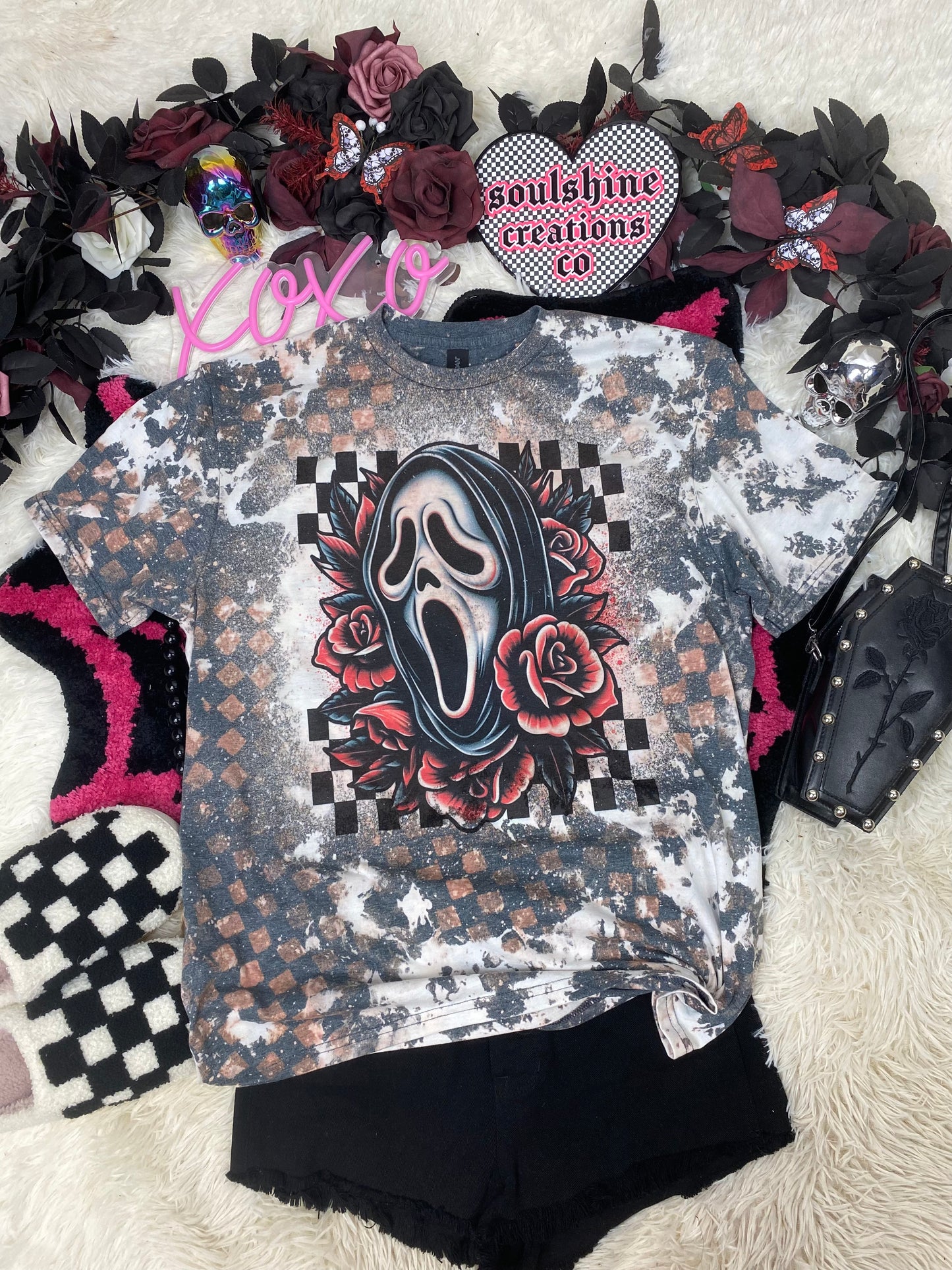 Retro 90’s Ghost Checkered Acid Wash Grunge Bleached Tee Shirt