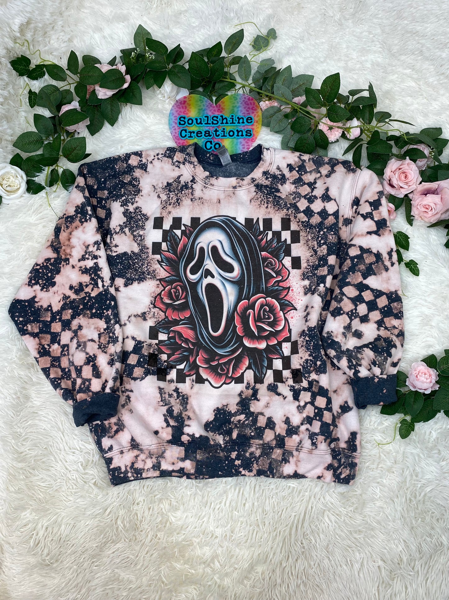Retro 90’s Ghost Checkered Acid Wash Grunge Bleached Sweatshirt