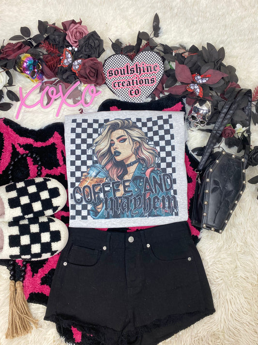 Coffee and Mayhem Checkered tee shirt or Sweater Edgy Alt Vibes