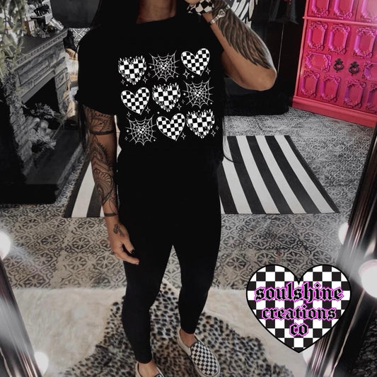 Checkered Spiderweb Coquette Tee or Sweater-Edgy Alternative Vibes