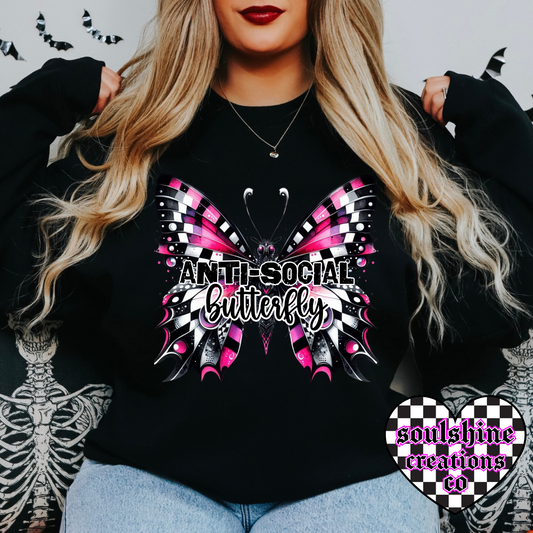 Anti Social Butterfly Checkered tee or sweater-Edgy Alt Vibes
