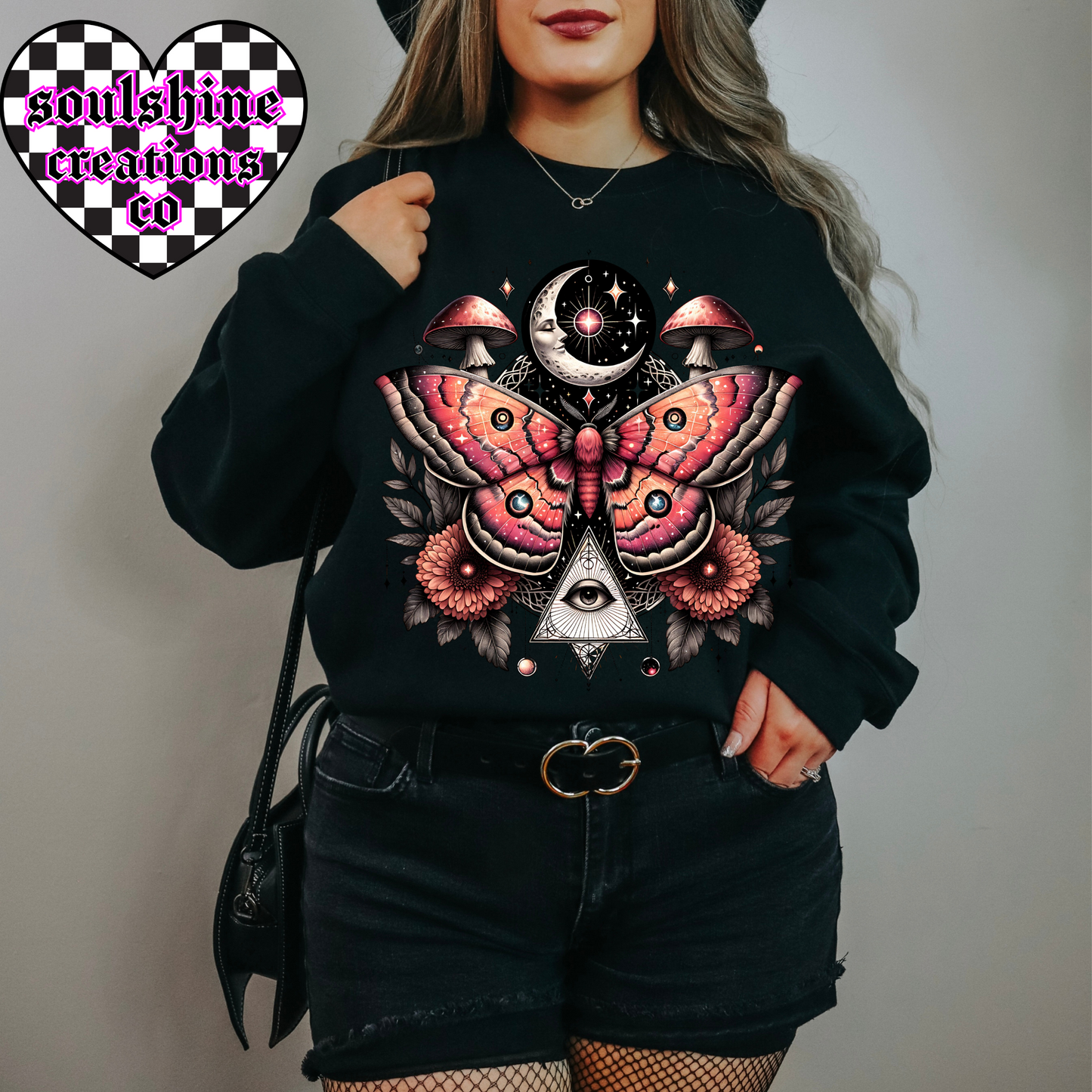 Pink Luna Moth tee or sweater-Edgy Alt -Celestial Witchy Vibes