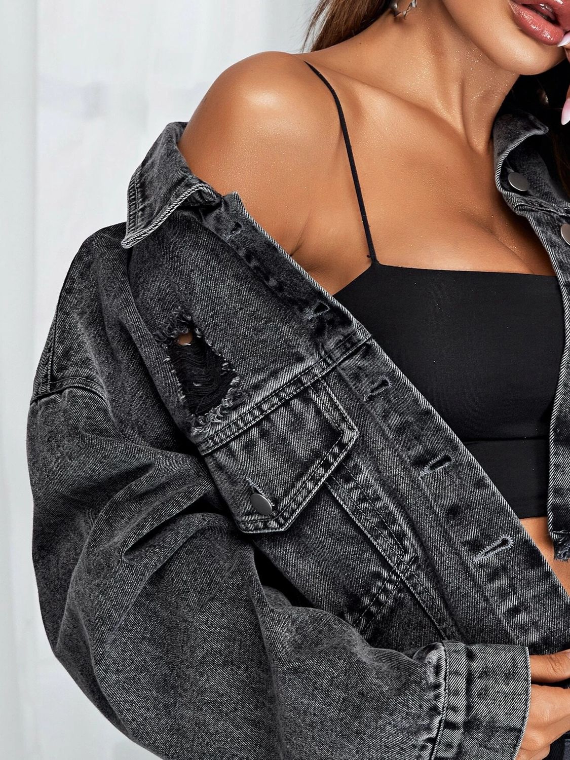 Dropped Shoulder Collared Neck Denim Jean Jacket