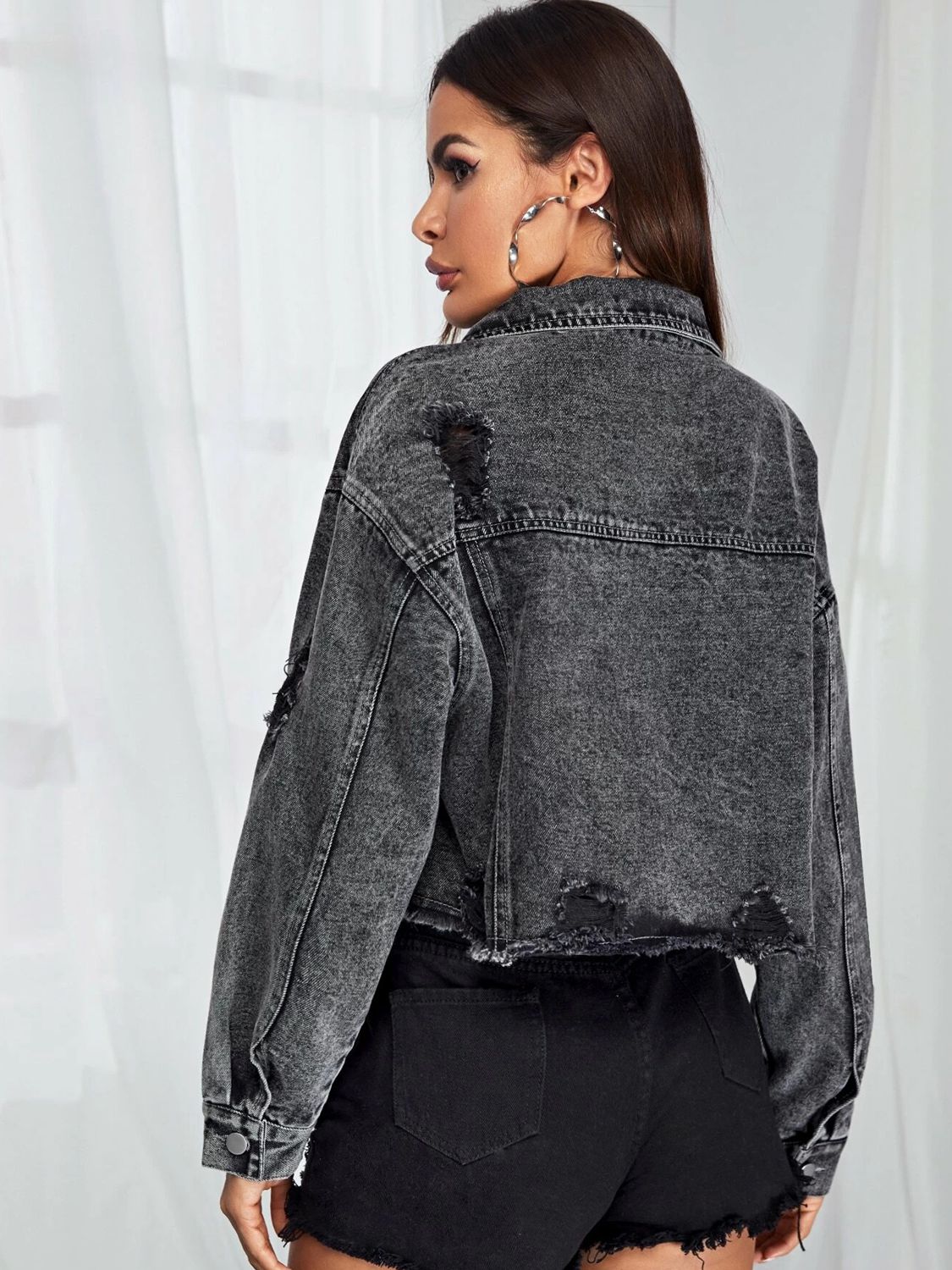Dropped Shoulder Collared Neck Denim Jean Jacket