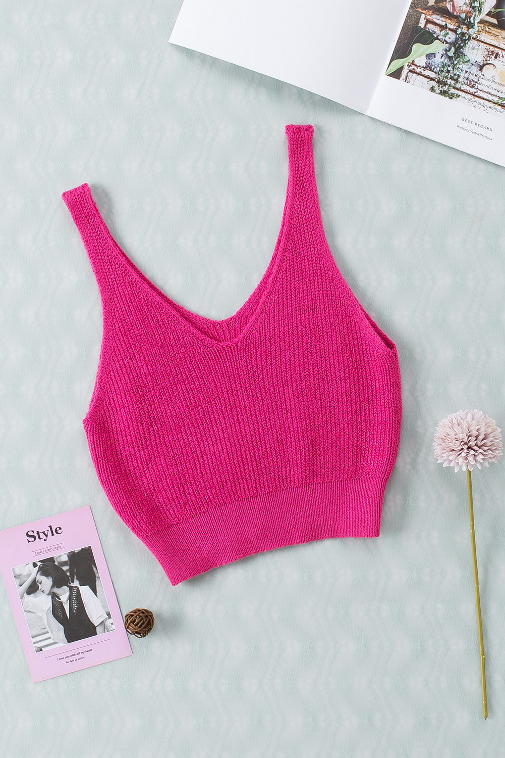 V-Neck Ribbed Knit Crop Tank Top