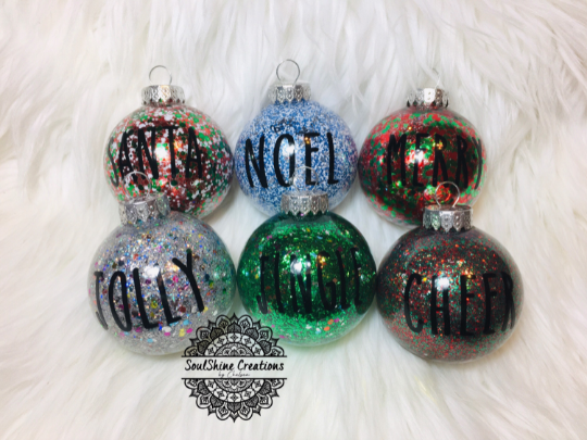 Festive Christmas Glitter Ornaments, Rae Dunn Inspired, Handmade Ornament, Santa, Jolly, Jingle, Merry, Cheer, Noel