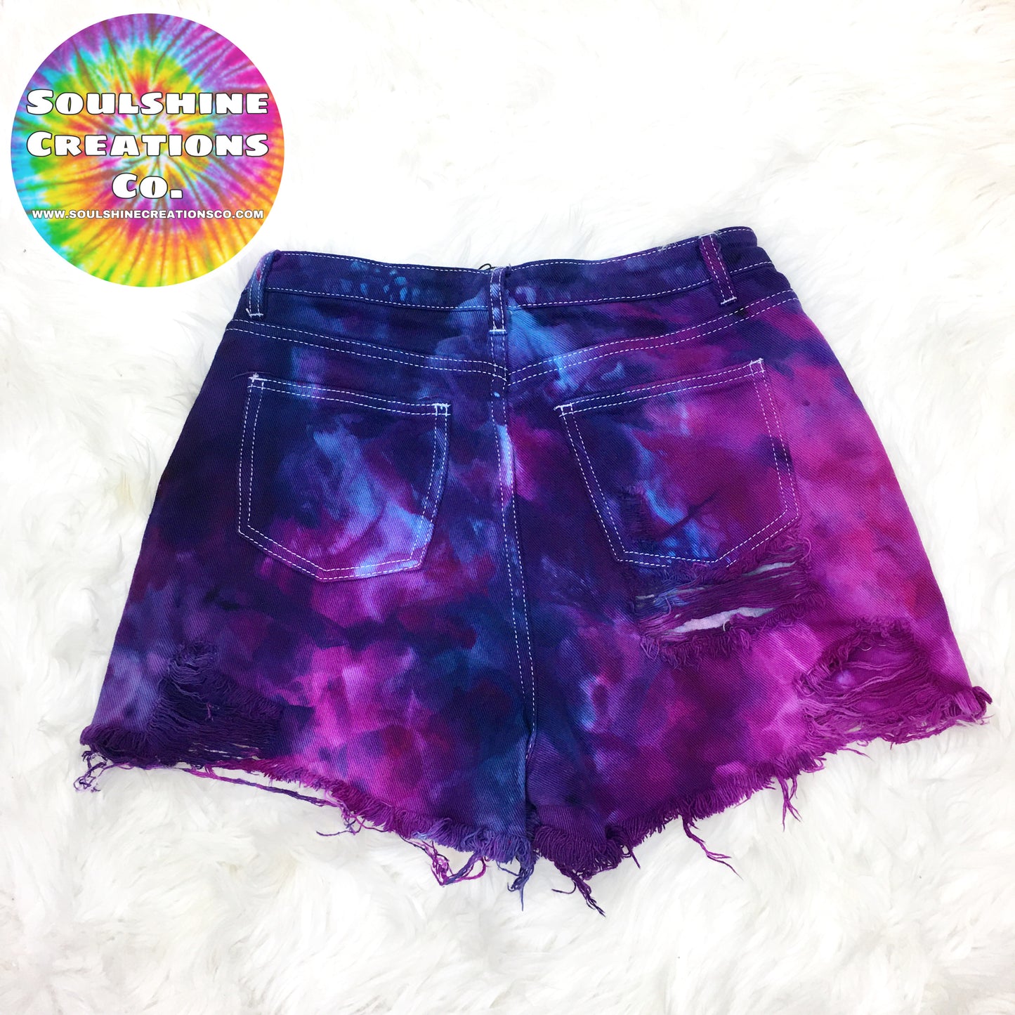 Galaxy Ice Dye Tie Dyed High Rise Distressed Jean Shorts